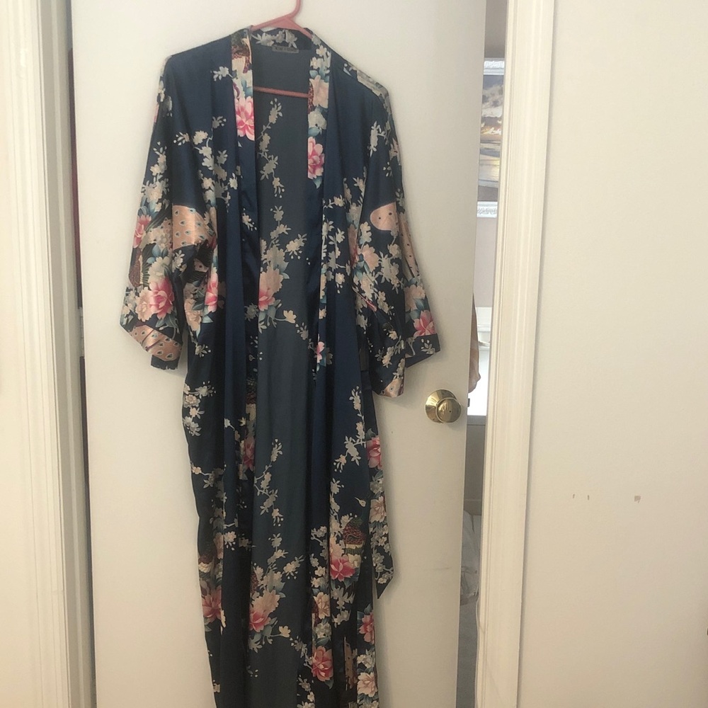 Navy Floral Satin Kimono Robe